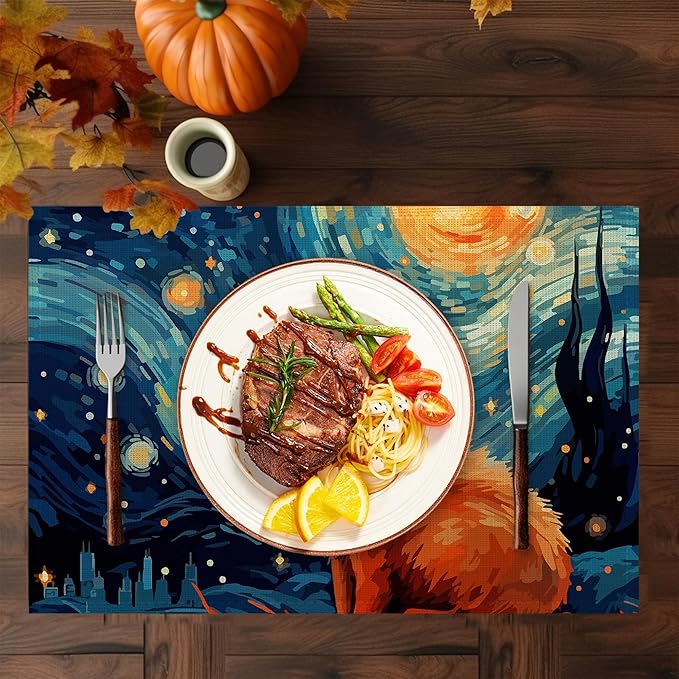 Starry Night Cat Placemats Set of 6,Washable Heat Resistant 12×18 Inch Linen Table Mats Cute Place Mats for Party Outdoor Dining Décor