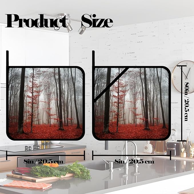 Red Mist Forest Pot Holders Set of 2,Kitchen Heat Resistant Potholder for Microwave Cooking Baking Oven and BBQ