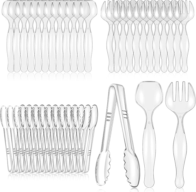Mwellewm 48Pcs Plastic Serving Utensils Disposable Serving Spoons for Buffet Clear Forks Serving Tongs 8.5'' Heavy Duty Large Party Utensils Supplies for Restaurant Food Dinner Salad Noodles Soup