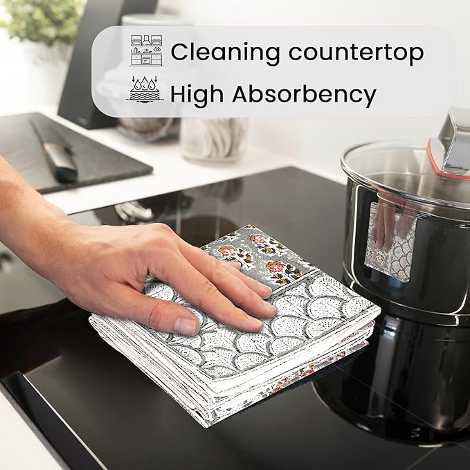 CPC Labra Grey Hand Block Print Waffle Kitchen Towel Set of 3-16 x 28 Inch Ultra Absorbent Quick Dry Cotton Dish Towels Lightweight Reusable Sustainable Tea Towels for Cleaning and Drying