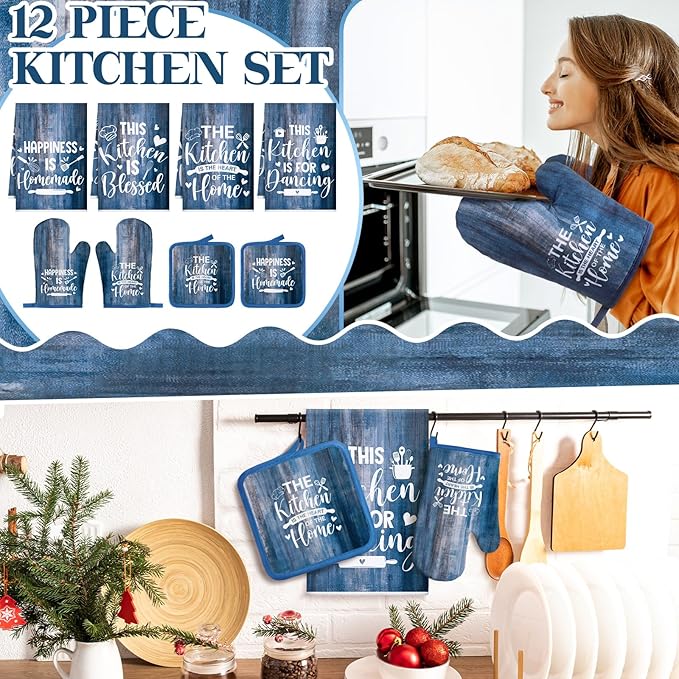 Leinuosen 8 Pcs Kitchen Towels and Oven Mitts Sets Pot Holders Dishcloths Set Kitchen Decorative Accessories Absorbent Potholders Heat Resistant for Chef Baking Cooking