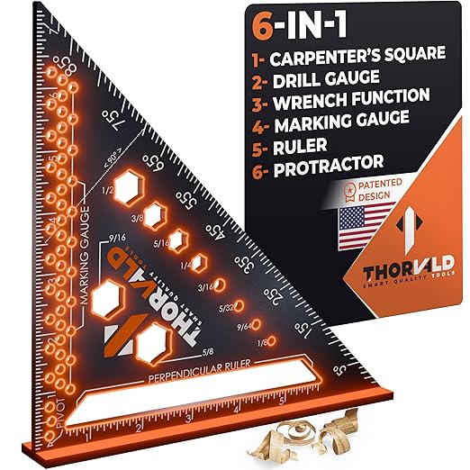 THORVALD 6-in-1 Carpenter Square 7 inch (1/16" Precision) - T Square Multi-Purpose Carpenter Tools : Wrench, Square, Protractor, Ruler, Marking Gauge, Drill Gauge