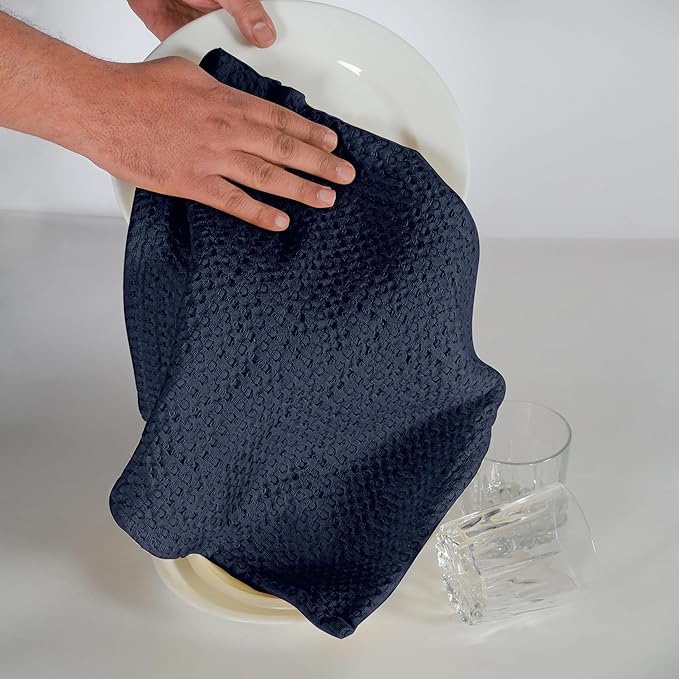 Native Fab Premium Waffle Weave Kitchen Towels, 4 Pack, 100% Cotton, 16x26 inch, Super Absorbent, Reusable Cleaning Cloths, Dish Towels for Drying Dishes, Washable Hand Towels, Navy Blue