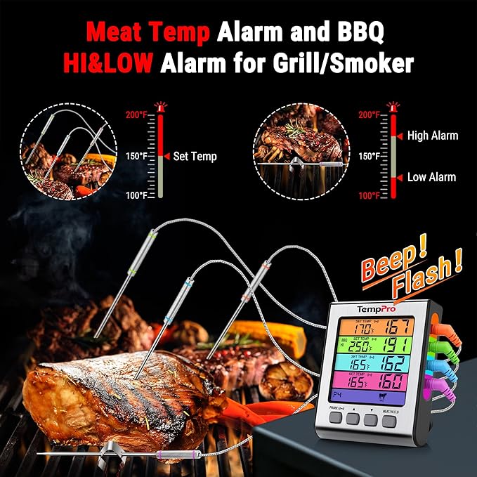 TempPro TP17H Digital Meat Thermometer with 4 Temperature Probes, HI/Low Alarm Smoker Food Thermometer with Colored Backlit LCD, BBQ Thermometer for Cooking Grill Kitchen Oven (Previously ThermoPro)