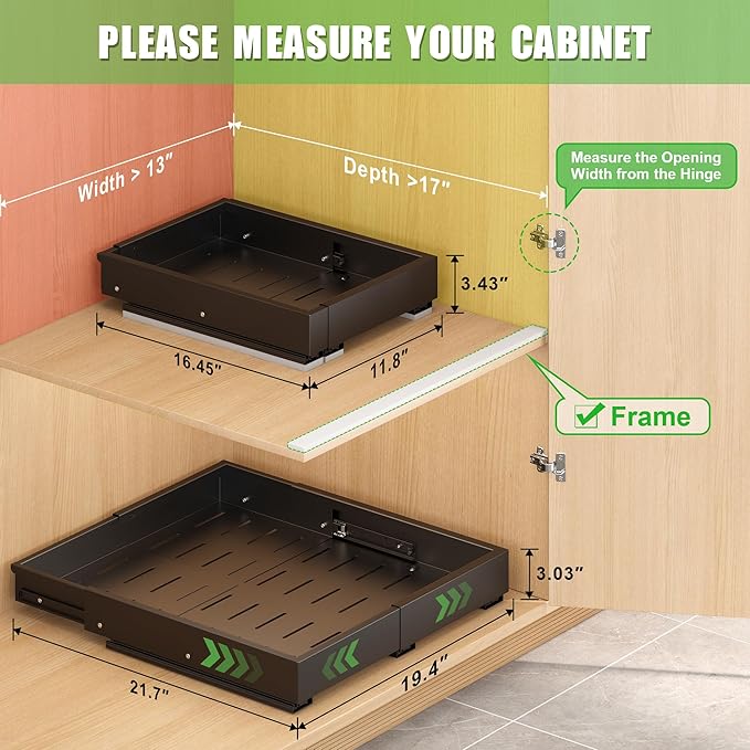 2 Pcs Pull Out Drawers for Cabinets Organizer Expandable Width(11.8"-19.4"), Depth(16.45"-21.7") With 3 Rails, No Drill Roll Out Drawer, Adhesive Sliding Drawers for Kitchen Pantry Storage (Black)