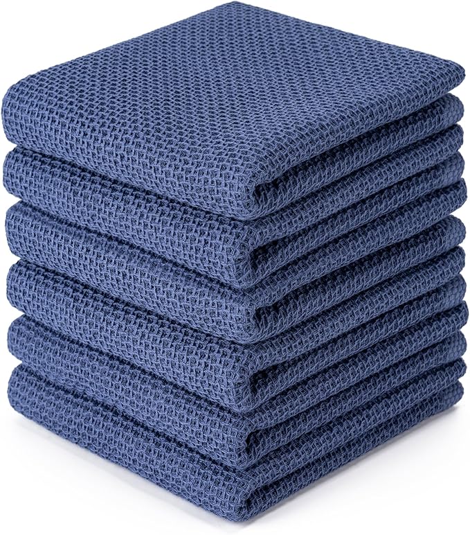 BOOMIBOO 6-Pack Kitchen Dish Cloths, 100% Cotton Waffle Weave, Ultra Soft Absorbent, Quick Drying Dish Towels, 13x28 Inches,Navy Blue