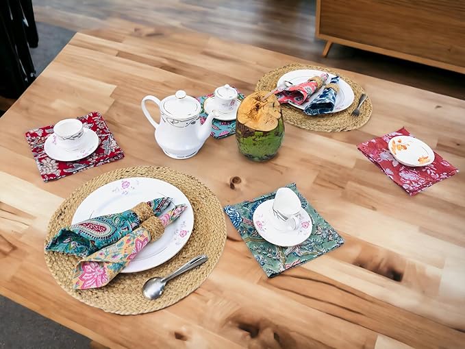 COTSILER Premium Handblock Cotton Napkin Set, Floral Print, Handmade for Dinner, Event, Thanksgiving (Multicolor, 16x16 Inch -Set of 6)