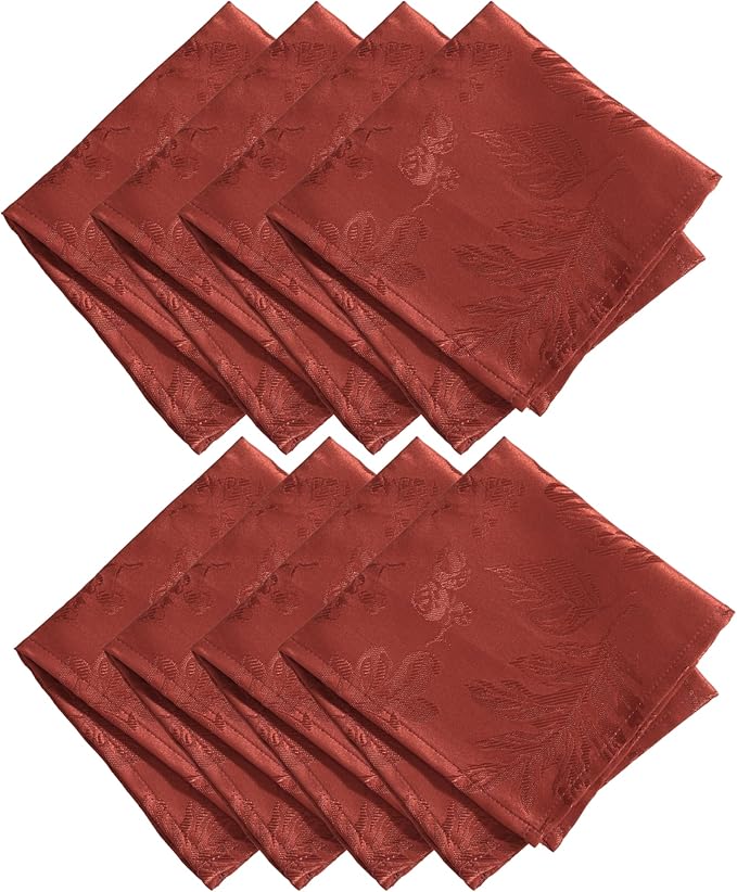 Elrene Home Fashions Elegant Woven Leaves Jacquard Damask Cloth Napkin Set, 17" x 17", Pack of 8, Spice Red