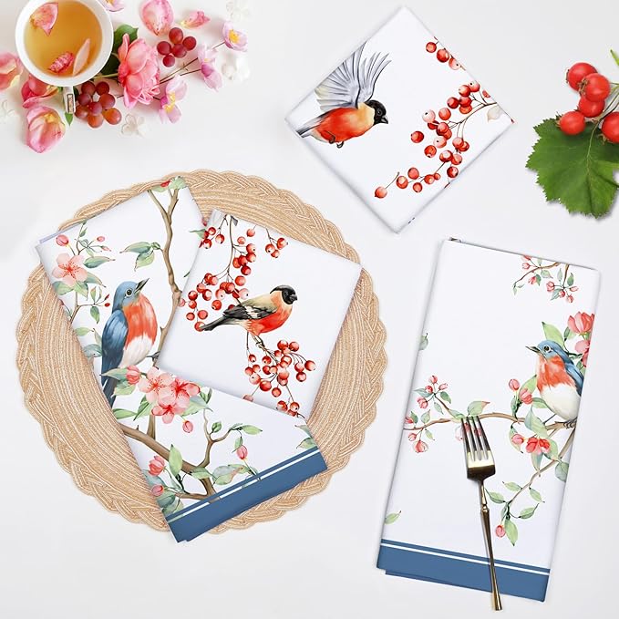 Watercolor Bird Flowers Tea Towels, Cotton Kitchen Towel 18.9 × 27.5 inch, Quick Drying Dish Cloth for Party Anniversary Holiday Decoration, Housewarming Gifts for Mom