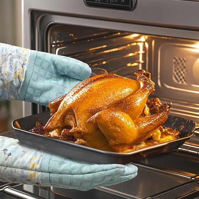 Silicone Printing Oven Mitts Heat Resistant to 500 Degree,Yarm-Dyed Oven Gloves with Animal Design Non-Slip for Kitchen Cooking Barbecue Baking and Machine Washable. (Light Blue Mitts)