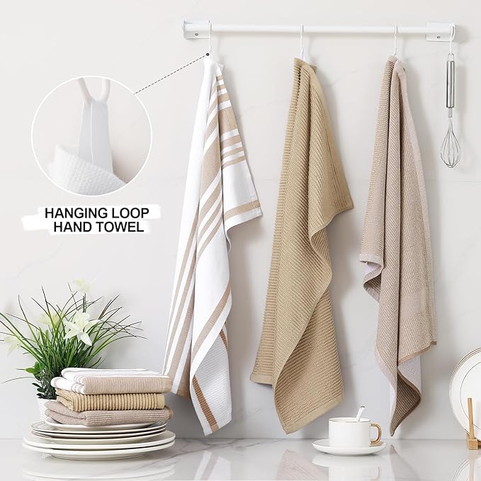 Homaxy Premium Kitchen Towels(18”x 28”, 12 Pack), Large Cotton 380 GSM Kitchen Hand Towels, Soft and Absorbent Terry Dish Towels, Multipurpose Tea Towel Set with Hanging Loop, Khaki