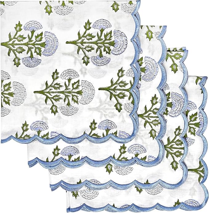 Ridhi Hand Block Print Mughal Buta Blue 18" x 18" (Set of 4) EmbrioEmbroidery Table Napkins Reusable Cotton Dinner Napkins for Weddings, Parties, Everyday Dining Gift for Spring, Easter, Valentine