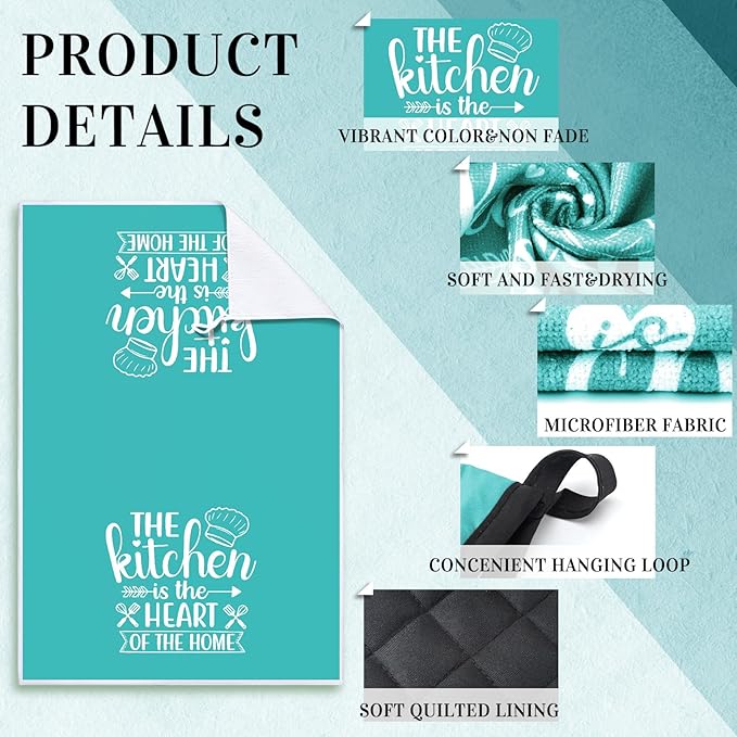 Sratte 6 Pcs Kitchen Decor Accessories Set Farmhouse Towels Pot Holders Oven Mitts Set 2 Dish Towels 2 Potholders 2 Cooking Mittens Oven Glove for Christmas Baking Cooking Supply(Light Teal,Kitchen)