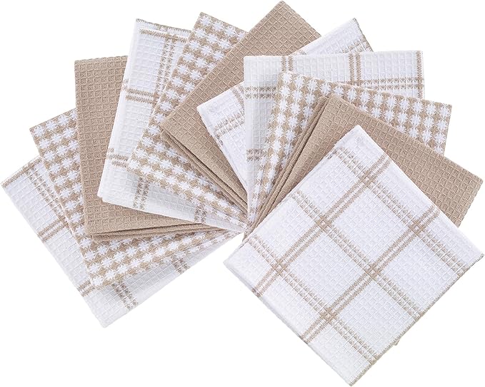 T-Fal Premium Waffle Dish Cloths: Highly Absorbent, Super Soft Long Lasting - 100% Cotton, 12"x13" Towel for Cleaning & Drying, (12-Pack), Sand