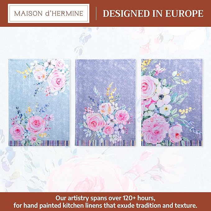 Maison d' Hermine Kitchen Towels Set of 3 100% Cotton 27.50" x 20" Reusable Cloth Tea Dish Towels Absorbent with Hanging Loop for Gifts for Mothers Day Spring/Summer (Sweet Rose Lavender - Lush)