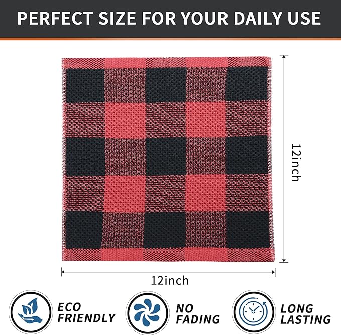 Mordimy 100% Cotton Waffle Weave Plaid Dish Cloths, 12 x 12 Inches, Super Soft and Absorbent Quick Drying Buffalo Check Dish Rags for Kitchen, 8-Pack, Black & Red
