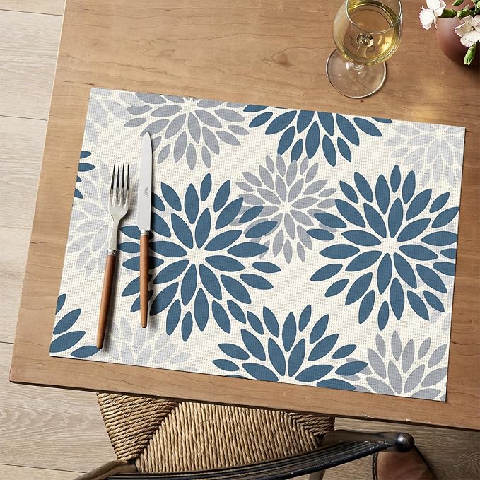 Artoid Mode Floral Vinyl Plistic Placemats Set of 6, Washable Heat Resistant Non-Slip Woven Plastic PVC Place Mats for Farmhouse Holiday Party Kitchen Dining Decor