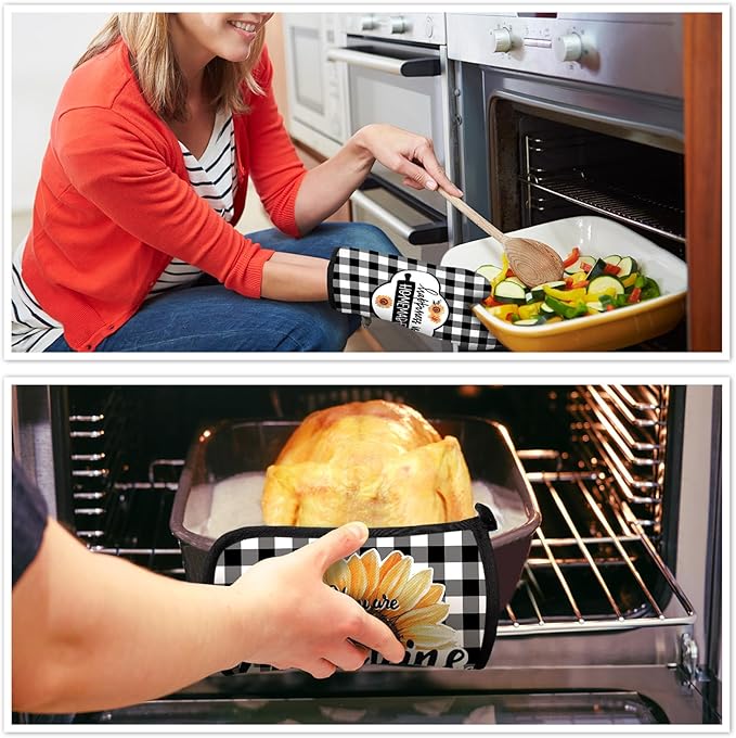 5 Pieces Buffalo Plaid Kitchen Towels Oven Mitts and Pot Holder Set Black and White Kitchen Towels Oven Gloves, Hot Pads Pot Holders for Farm House Accessories Decor(Sunflower)