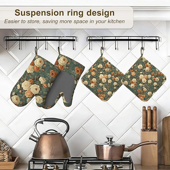 Vintage Rose Flower Oven Mitts and Pot Holders Set of 4,Retro Floral Kitchen Glove Heat Resistant Oven Mitts with Non-Slip Silicone for Baking, Cooking, BBQ