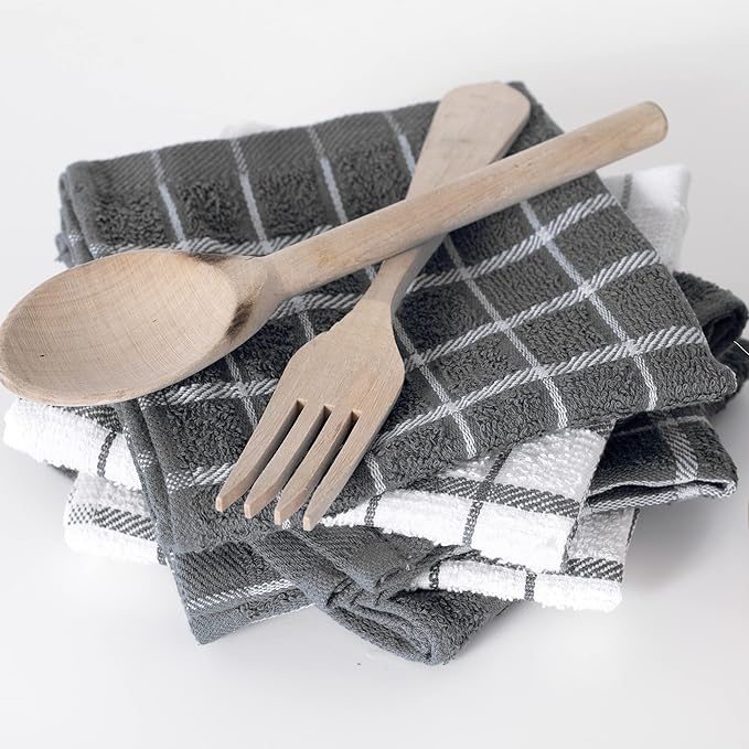 Ritz Terry Check Dish Cloth Set: Highly Absorbent & Super Soft - 100% Cotton, Durable Kitchen Cleaning Cloths for Wiping Tables and Counters, 6-Pack, Gray