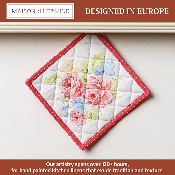 Maison d' Hermine Pot Holders 100% Cotton Heat Resistant Potholders 8" x 8" Hot Pads with Loop BBQ Cooking Baking Gifts for Mothers Day Handling Hot Pans Spring/Summer (Pack of 1, Vintage Floral)