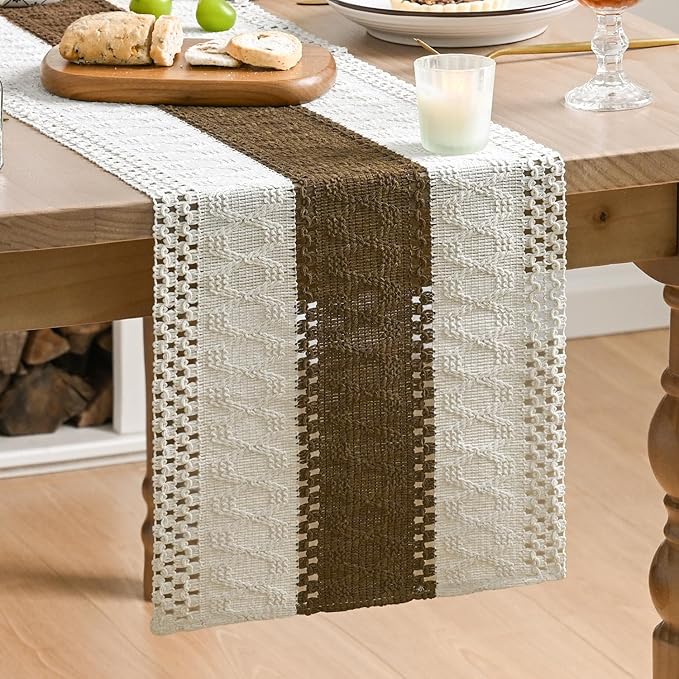 Artoid Mode Light Coffee Farmhouse Rustic Table Runner, Seasonal Holiday Hollow Kitchen Dining Table Decoration for Home Party Decor 12x90 Inch