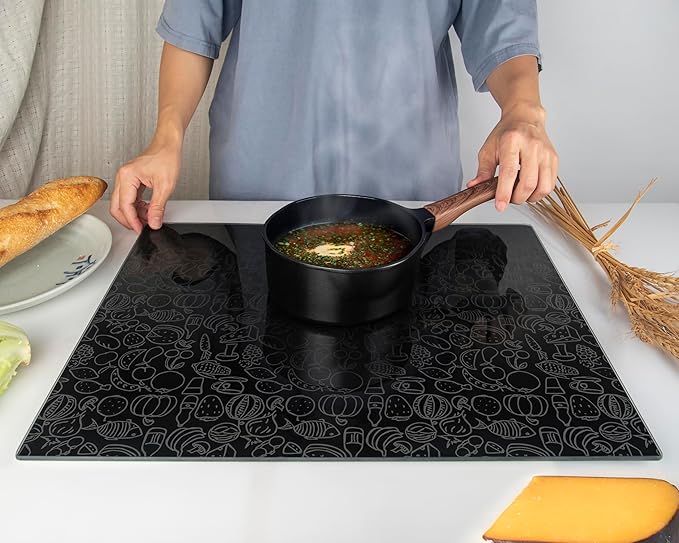 Kitchenville Glass Cutting Board 20”x16”: Tempered Glass Kitchen Counter Protector - Durable- Scratch-Resistant, Heat-Proof - Design 4 - Black Design