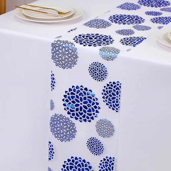 Snowkingdom Blue Dahlia Flowers Table Runner,Glitter Thin Foil Blue and White Dahlia Flowers Mesh Table Runner 11x120 Inch,Kitchen Dining Table Decor for Party Wedding Bridal Birthday Shower