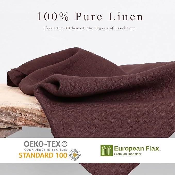 100% Linen Tea Towels - 14 x 28 Inch Pure French Linen Kitchen Dish and Hand Towels (Set of 4) (Coffee)