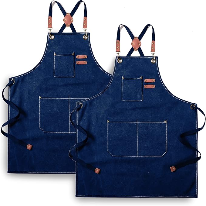 Tosewever 2 Pack Canvas Cross Back Chef Apron for Men Women with Pockets, Cotton Tool Aprons for Cooking Kitchen BBQ Artist
