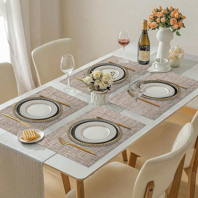 Vinyl Placemats Set of 8, PVC Woven Washable Non-Slip Table Mats, Heat Resistant Wrinkle Free Place Mats for Dining Table, Easy to Clean (8, Cappuccino)