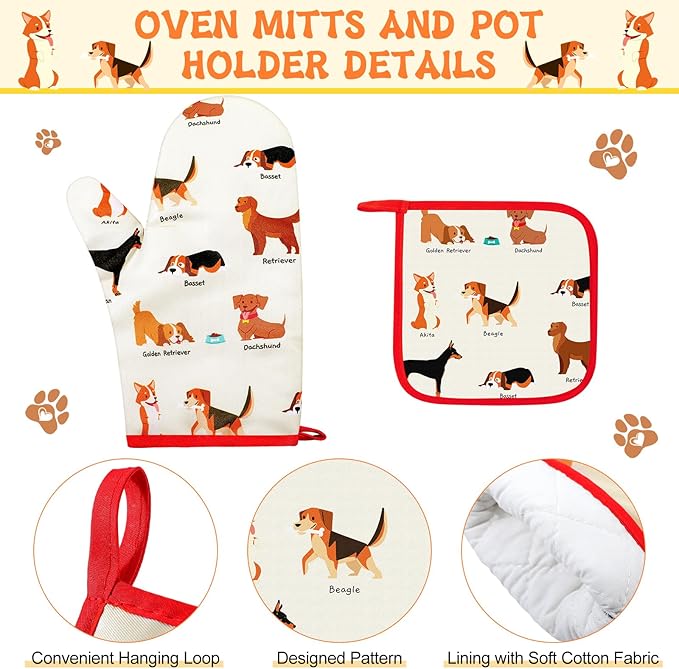 Hoolerry 6 Pcs Dog Kitchen Apron Dish Towels Oven Mitts and Pot Holders Sets with Silicone Spatula for Women Dog kitchen accessories Decor Wife Grandma Cooking Baking Gifts