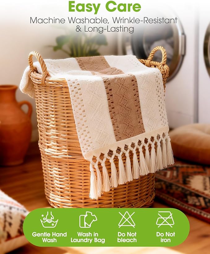 Pureegg Farmhouse Boho Table Runner - 72 Inches, Linen-Textured Woven Tassel Design for Dining Table Decor, Kitchen, Coffee Table & Living Room, 12 x 72 Inch, Brown