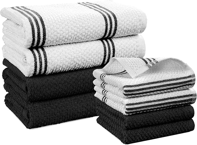 Casa Platino Dish Towels and Dish Cloths for Washing Dishes, 8 Piece Kitchen Towel and Dishcloth Set for Sinkside Duties – A Sleek Staple for Efficient Post-Meal Cleanup – Black