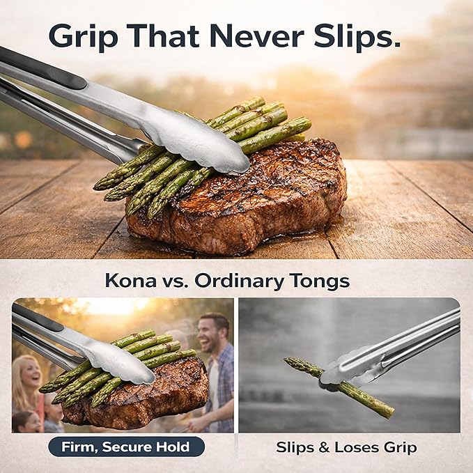 Kona Premium Stainless-Steel Locking Grill Tongs 17 inch, Sturdy, Heavy Duty Tongs - Great for Cooking, Grilling, and Barbecue (BBQ) [Set of 2]