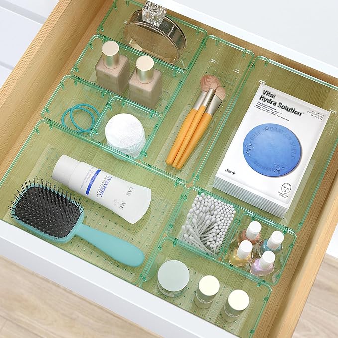 StorMiracle 33 PCS Clear Plastic Drawer Organizers Set, 4 Size Desk Drawer Organizer Trays for Makeup, Jewelry, Kitchen Utensils, Gadgets and Office Accessories, Sea Blue