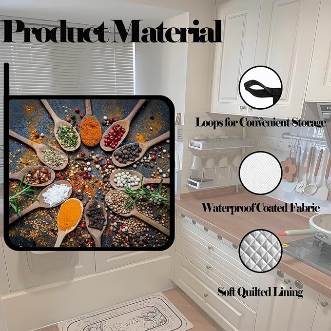 Colorful Spices and Herbs Pot Holders Set of 2,Kitchen Heat Resistant Potholder for Microwave Cooking Baking Oven and BBQ