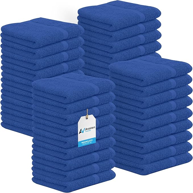 Avalon Towels Cotton Washcloths – (Pack of 36) Size 12x12 Inches, 100% Ring Spun Cotton, Soft & Absorbent Face Towels, Gym Towels, Hotel and Spa Quality, Reusable Fingertip Towels (Blue)