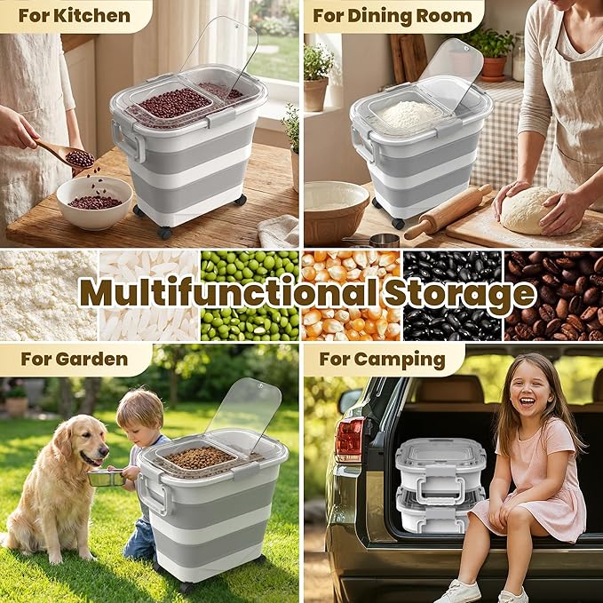 25-35Lbs Rice Container,Collapsible Food Storage Containers with Transparent Airtight Lid,Wheels,Rice Storage Container with Small Bin and Scoop,Rice Dispenser for Flour Sugar Cereal Grain Dog Cat
