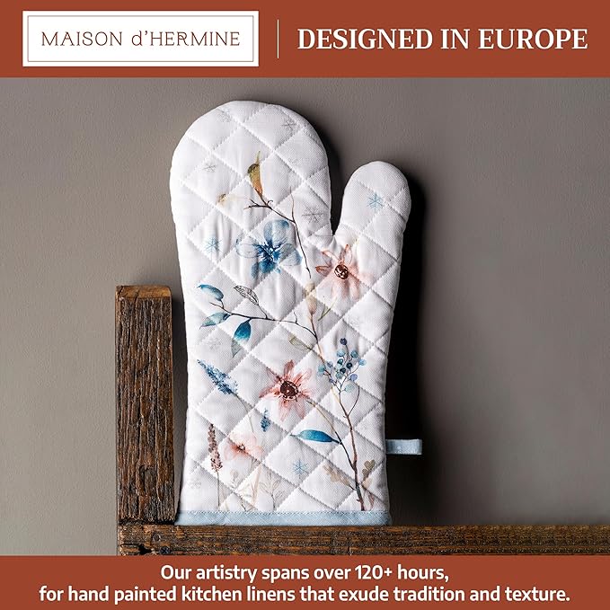 Maison d' Hermine Oven Gloves 100% Cotton Oven Mitt 7" x 13" with Loop Heat Resistant BBQ Cooking Gloves for Thanksgiving Christmas Decorations Baking Handling Hot Pans (Pack of 1, Ice Florals)