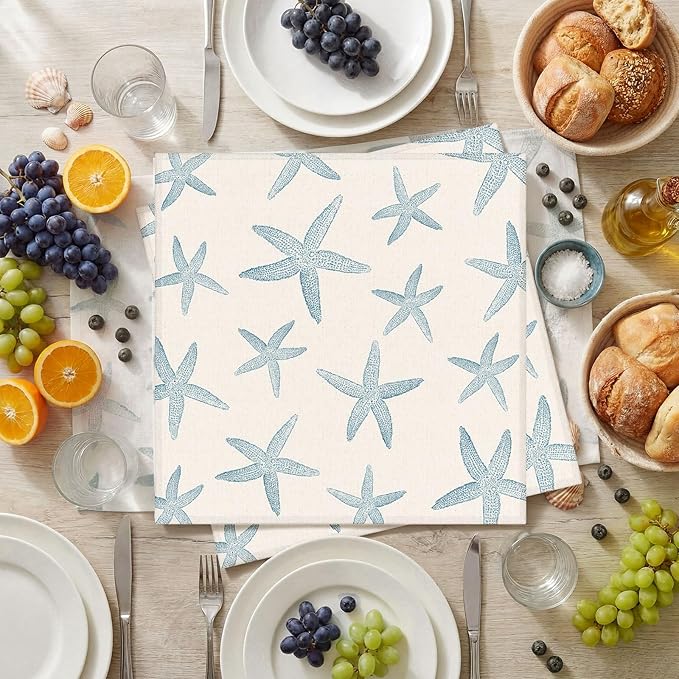 Funnymoom 12 Pcs Blue Starfish Cloth Napkins Coastal Nautical Beach Reusable Napkins Coastal Party Dinner Soft Absorbent for Kitchen Ocean Sea Decorations Summer Holiday Party