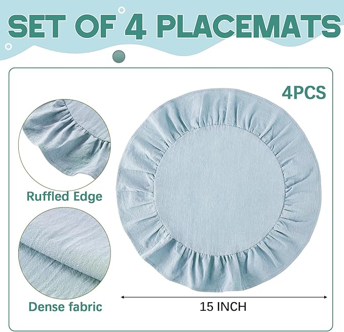 4 Pcs 15 Inch 100% Cotton Scalloped Round Placemats, Thin Light Blue Place Mats with Ruffle, Washable Placemats Table Mats for Kitchen Dining Holiday Gatherings Decor
