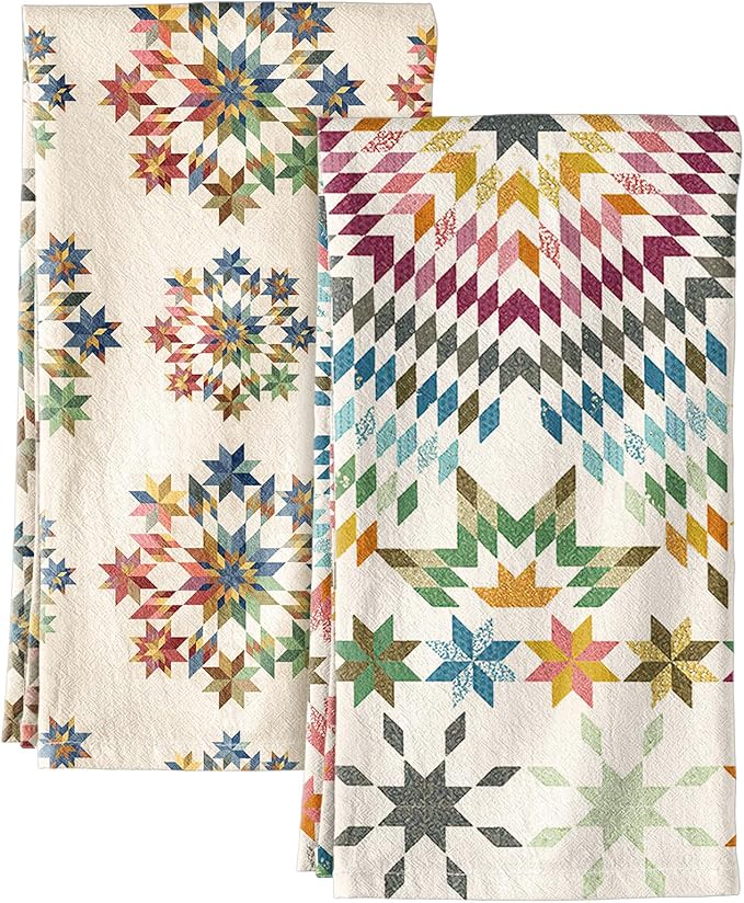 Miss Adola 2 Pack Flour Sack Kitchen Towels - 16x26 Inch Cotton Dish Towels with Hanging Loop Reusable Geometric Boho Modern Retro Tea Towel Absorbent Dishcloths Home Decor, Starburst Design