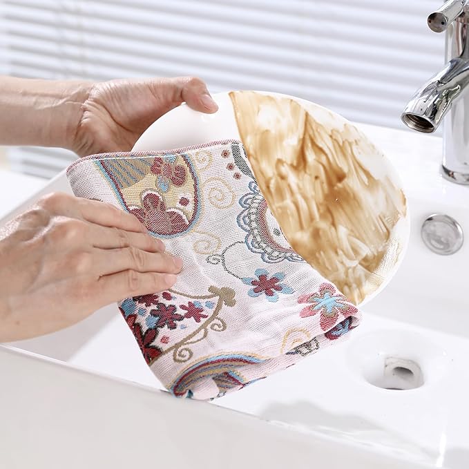 Kitchen Dish Towels for Drying 100% Cotton,Ultra Absorbent Quick Drying Thick Reusable Cleaning Decorative Tea Towels with Hanging Loop,Reversible Boho Pretty Hand Towels,Floral,4 Pack