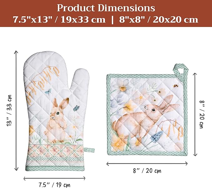 Maison d' Hermine 100% Cotton Oven Mitt & Pot Holder Set (7.5"x13" & 8"x8") Heat Resistant BBQ Cooking Gloves with Loop Baking Grilling Kitchen Gifts for Mothers Day Spring/Summer (Easter Dew)