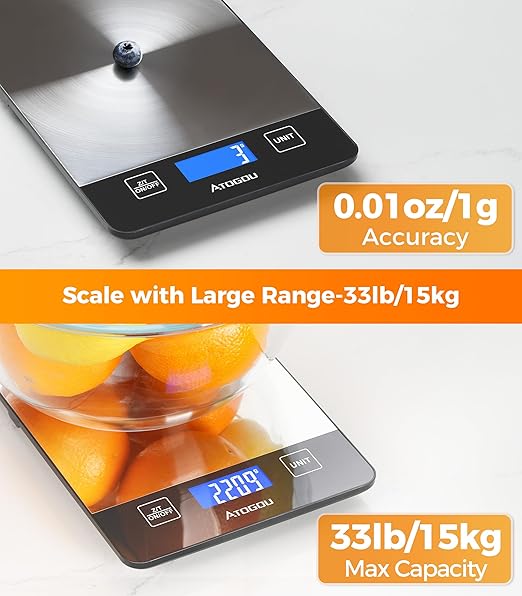 Atogou Food Scale - 33lb Digital Kitchen Scale Ounces Grams, Rechargeable & Full-View Display, Water-Resistant, Batteries or USB-C Charging, Stainless Steel, for Cooking, Meal Prep, Package (Grey)