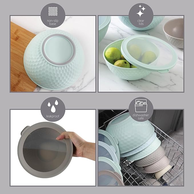 COOK WITH COLOR Mixing Bowls with Lids - 12 Piece Plastic Nesting Bowls Set includes 6 Prep Bowls and 6 Lids, Microwave Safe Mixing Bowl Set, Mint Embossed