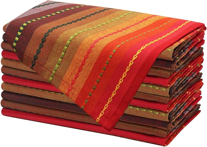 COTTON CRAFT Salsa Stripe Cloth Napkins - 12 Pack - Luncheon Brunch Dinner Table Napkins - 100% Cotton Everyday Harvest Autumn Fall Orange Holiday - Reusable Washable Absorbent - 17x17- Red Rust Multi