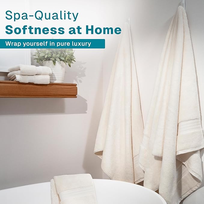 Fabdreams 100% Organic Cotton Bath Towel Set of 6 700 GSM Hotel Premium Plush Absorbent Soft Durable Skin-Friendly Spa Quality Bathroom Comfort with 2 Bath 2 Hand Towels and 2 Wash Cloths Ivory
