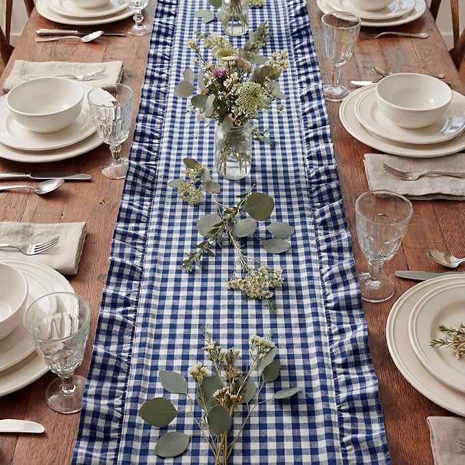 HunnmingRe 1 Pcs Navy Blue Plaid Gingham Ruffle Table Runner 118 x 13.8'' Farmhouse Table Runner 100% Cotton Scalloped Long Dresser Scarves for Dining Room, Wedding, Kitchen Rustic Home Decor